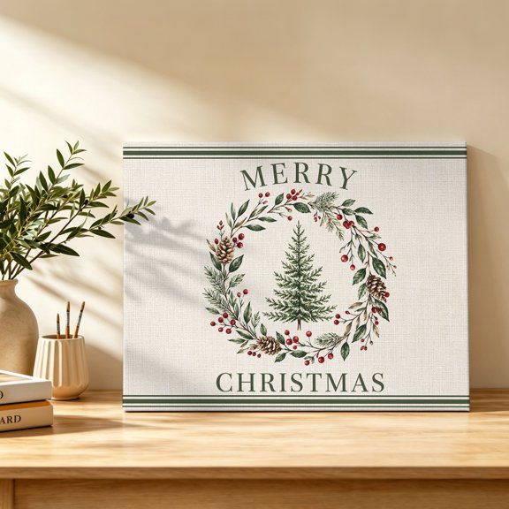 Merry Christmas Canvas Wall Art, Retro Pine Tree Pinecone Holly Berry Wreath Wall Art Prints Artwork Framed Canvas Ready to Hang Art Pictures for Bathroom Bedroom Entry Desk Corner 10" x 8"