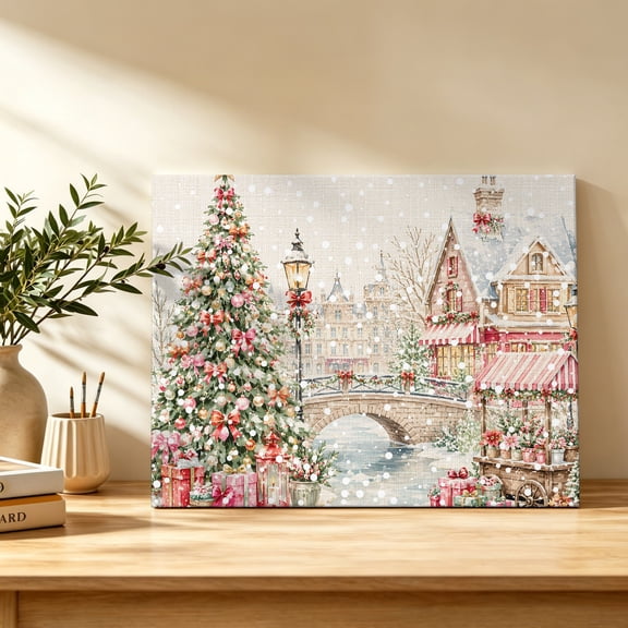 Merry Christmas Canvas Wall Art, Winter Farmhouse Vintage Xmas Tree Bridge Floral Wall Art Prints Artwork Framed Canvas Ready to Hang Art Pictures for Dining Room Bedroom Study Lounge Nook 18" x 12"