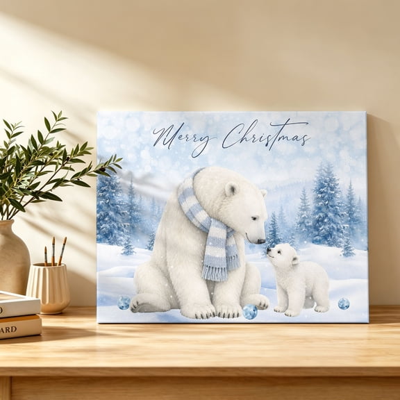 Merry Christmas Canvas Wall Art, Winter Polar Bear Snowy Mountains Pine Tree Wall Art Prints Artwork Framed Canvas Ready to Hang Art Pictures for Bathroom Bedroom Entry Desk Corner 10" x 8"