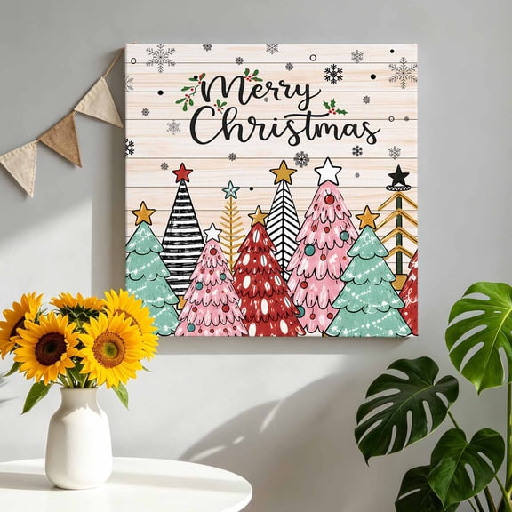 Merry Christmas Canvas Wall Art, Winter Rustic Pink Red Teal Pine Tree Wood Grain Pictures Wall Decor Wooden Framed Artwork Art Prints for Living Room Hallway Bedroom Office 8"x8"