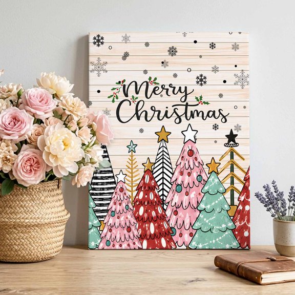 Merry Christmas Canvas Wall Art, Winter Rustic Pink Red Teal Pine Tree Wood Grain Pictures Wall Decor Wooden Framed Artwork Art Prints for Living Room Hallway Bedroom Office 12"x18"