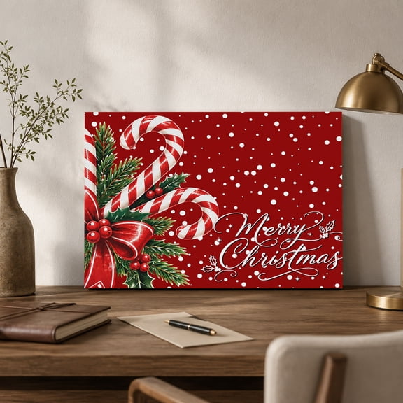Merry Christmas Canvas Wall Art, Winter Striped Candy Canes Snowflake Bow Red Backdop Wall Art Prints Artwork Framed Canvas Ready to Hang Art Pictures for Bathroom Nightstand, Narrow Hallway 14"x11"
