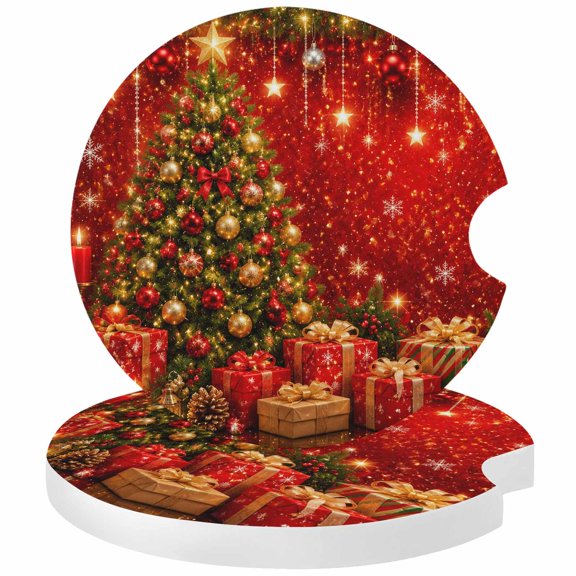 Merry Christmas Car Coasters for Cup Holders Set of 2 Absorbent, 2.56" Ceramic Drinks Cupholder Coasters with Finger Notch Glam Shining Xmas Ball Tree Gifts Holiday Auto Interior Accessories for Men