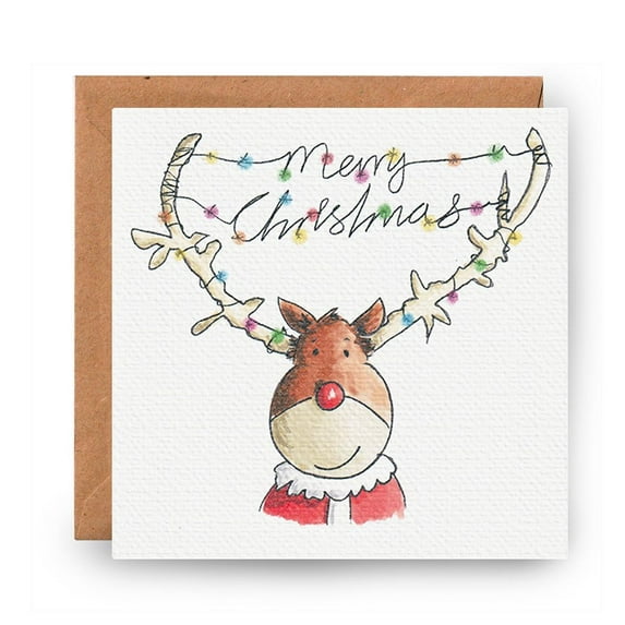 Merry Christmas Card Featuring Adorable Reindeer with Lights – Blank Inside, Eco-Friendly Materials – Perfect Holiday Greeting for Friends and Family