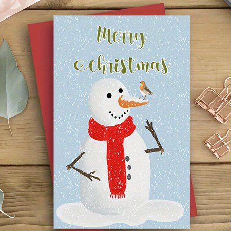 Merry Christmas Card Featuring Happy Snowman with Scarf – Blank Inside for Personal Messages – Perfect Holiday Greeting Card with Envelope Included