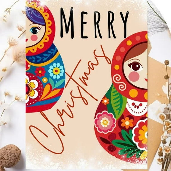 Merry Christmas Card Featuring Russian Matryoshka Dolls – Beautifully Designed, Blank Inside for Personal Messages – Perfect for Holiday Greetings and Sentiments