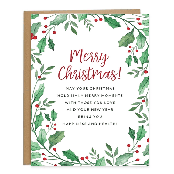Merry Christmas Card with Holly Design – Beautiful Holiday Card for Friends and Family – Blank Inside with Envelope Included – Perfect Christmas Greeting