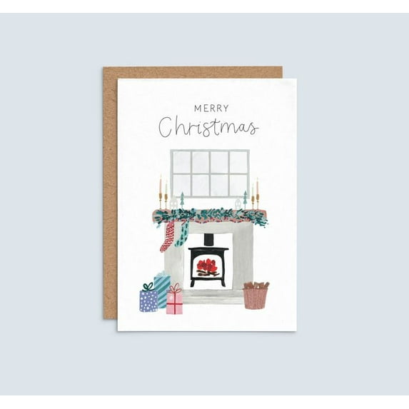 Merry Christmas Card with Cozy Fireplace Design – Blank Inside Greeting Card – Perfect for Holiday Wishes – Includes Envelope