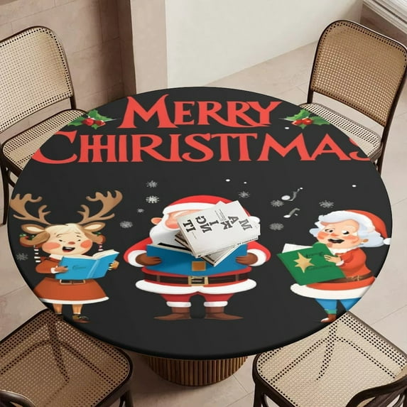 Merry Christmas Carol Singers Round Table Cover Kitchen Printed Waterproof Tablecloth Elastic Edged Tablecloth Fits Party Wedding Indoor Outdoor Tables
