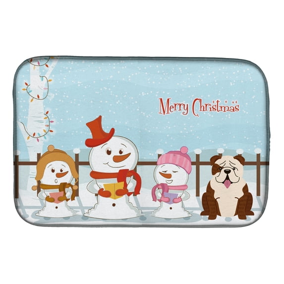 Merry Christmas Carolers English Bulldog Brindle White Dish Drying Mat