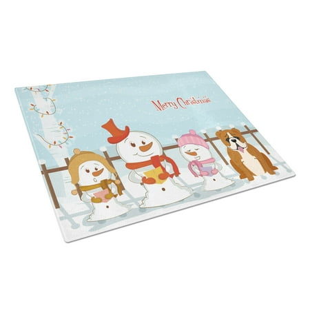 Merry Christmas Carolers English Bulldog Red White Glass Cutting Board Large