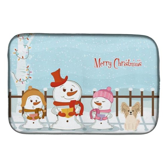 Merry Christmas Carolers Papillon Sable White Dish Drying Mat