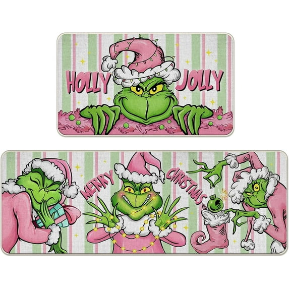 Merry Christmas Cartoon Character Kitchen Rugs Set of 2, Pink Xmas Holly Jolly Kitchen Mats Decor, Funny Holiday Stripes Floor Door Mat Home Decorations - 17x29 and 17x47 Inch