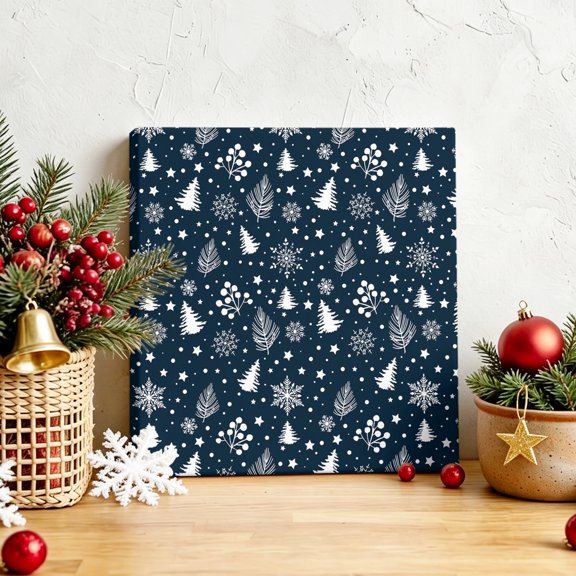Merry Christmas Cartoon Pine Tree Canvas Artwork Painting Art, Snowflakes Seamless on Blue Square Framed Wall Decorations Prints Picture for Bedroom Kitchen Living Room, 8x8 in