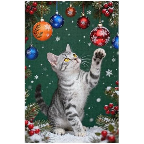 Merry Christmas Cat 500 Piece Jigsaw Puzzle for Adults, Cat Playing with Xmas Balls, DIY Puzzle for Family Fun, Holiday Decoration, Perfect for Relaxing Brain Activity 20.5x15 Inches