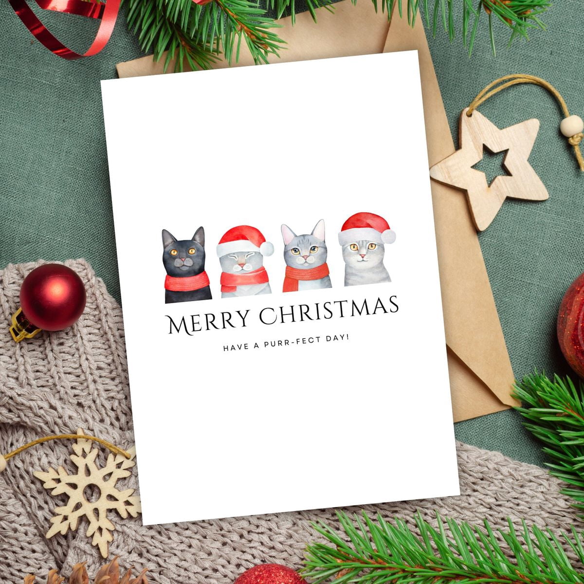 Merry Christmas Cat Card – Adorable Cats in Santa Hats – Blank Inside ...