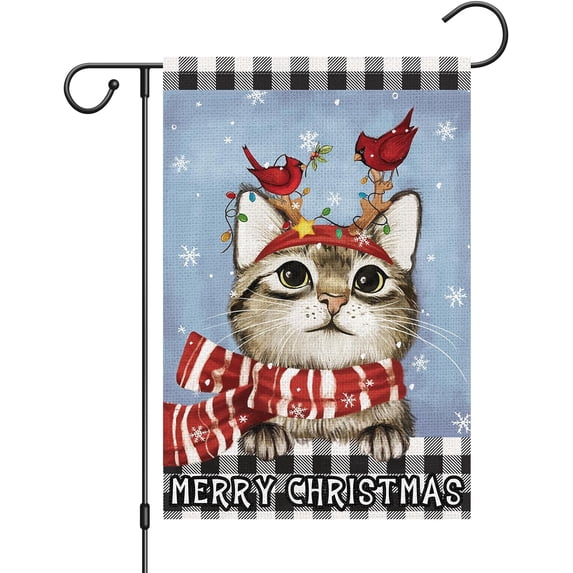 Merry Christmas Cat Garden Flag for Outside, Double Sided Cardinals Snowflake Christmas Flags Farmhouse Yard Seasonal Decoration