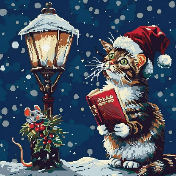 Merry Christmas Cat Read Book in Snow DIY 11CT Stamped Cross Stitch Kits for Beginners Easy Needlepoint Embroidery Counted Cross Stitch Art Craft for Wall Decoration 14x14inch(12)