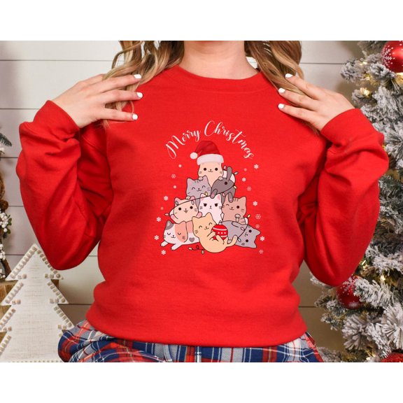 Merry Christmas Cat Sweatshirt, Cute Cat Lover Jumper, Womens Christmas Sweatshirt