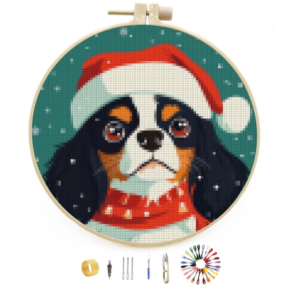 Merry Christmas Cavalier King Charles Dog DIY Stamped Cross Stitch Kits Easy for Beginners with Hoop 11CT Counted Embroidery Needlepoint Crafts Arts for Handmade Enthusiasts and Home Decor 30x30cm(3)
