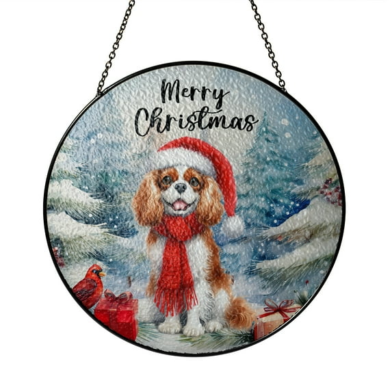 Merry Christmas Cavalier King Charles Spaniel Enjoys Woofmas Winter Xmas Holiday Stained Glass Suncatcher Dog Lover Gifts Window Hanging Sign Decor - 02022
