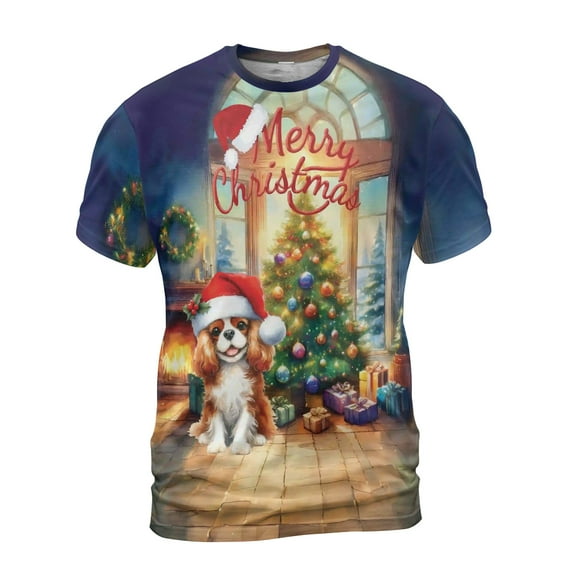 Merry Christmas Cavalier King Charles Spaniel Santa Hat Xmas Tree Winter Holiday All Over Print 3D Shirt Unisex Merch Dog Lover Gifts - 01013