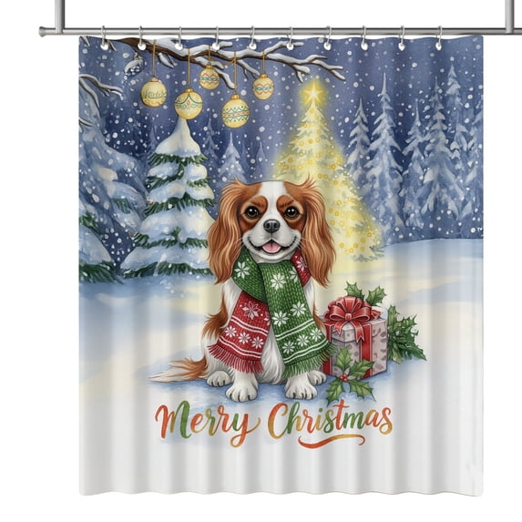 Merry Christmas Cavalier King Charles Spaniel Snowy Winter with Tree Decorations Shower Curtain Dog Lover Gifts Waterproof Bathroom Bathtub Curtain - 12020