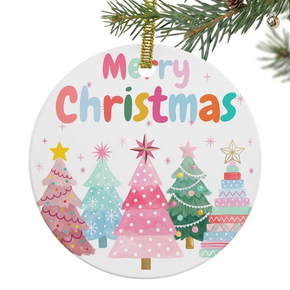 Merry Christmas Ceramic Ornament 3 Inch Winter Pink Green Christmas Trees Star Toppers Round Porcelain Christmas Ornaments with Gold String for Holiday Party Xmas Tree Decor Gift for Friends Family