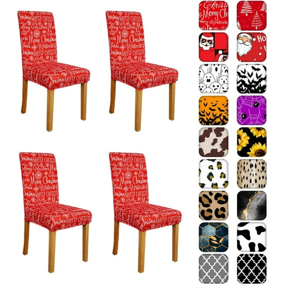 Merry Christmas Chair Covers for Dining Room Set of 4, Red Xmas Stretch Dining Chair Cover 4 Pieces, Washable Kitchen Chair Slipcovers 4 Pack, Removable Seat Protector for Christmas Decor