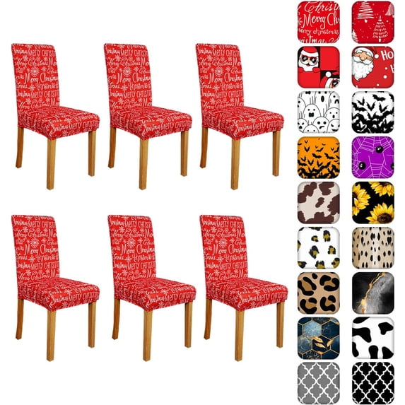 Merry Christmas Chair Covers for Dining Room Set of 6, Red Xmas Stretch Dining Chair Cover 6 Pieces, Washable Kitchen Chair Slipcovers 6 Pack, Removable Seat Protector for Christmas Decor