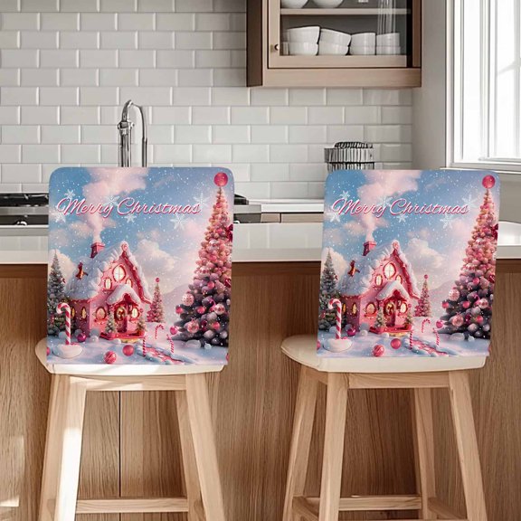 Merry Christmas Chair Covers Set of 1 Pink House Candy Cane Snow Christmas Tree Chair Back Covers Stretch Removable Washable Slipcovers Protector for Dining Room Kitchen Party Decor