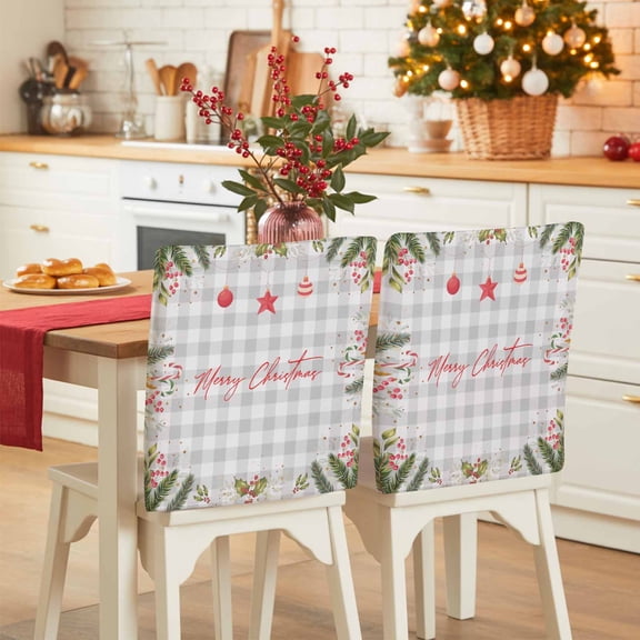 Merry Christmas Chair Covers Set of 1 Red Star Ball Evergreen Bough Berry Gray Plaid Chair Back Covers Stretch Removable Washable Slipcovers Protector for Dining Room Kitchen Party Decor