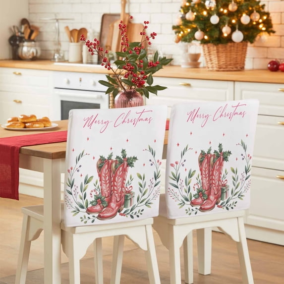 Merry Christmas Chair Covers Set of 1 Red Western Boots Botanical Leaves Poinsettia Chair Back Covers Stretch Removable Washable Slipcovers Protector for Dining Room Kitchen Party Decor