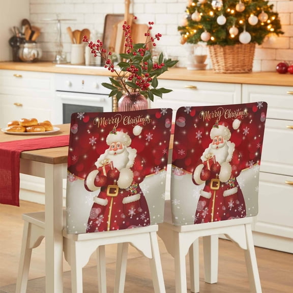 Merry Christmas Chair Covers Set of 1 Retro Santa Claus Box Xmas Snowflakes Red Chair Back Covers Stretch Removable Washable Slipcovers Protector for Dining Room Kitchen Party Decor