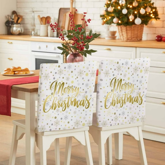Merry Christmas Chair Covers Set of 1 Sliver Gold Polka Dot Winter Snowflakes Chair Back Covers Stretch Removable Washable Slipcovers Protector for Dining Room Kitchen Party Decor