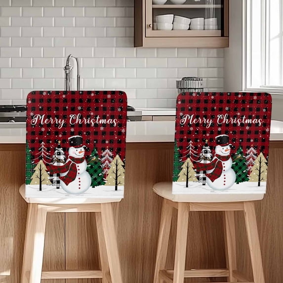 Merry Christmas Chair Covers Set of 1 Snowman Xmas Tree Red Buffalo Plaid Chair Back Covers Stretch Removable Washable Slipcovers Protector for Dining Room Kitchen Party Decor