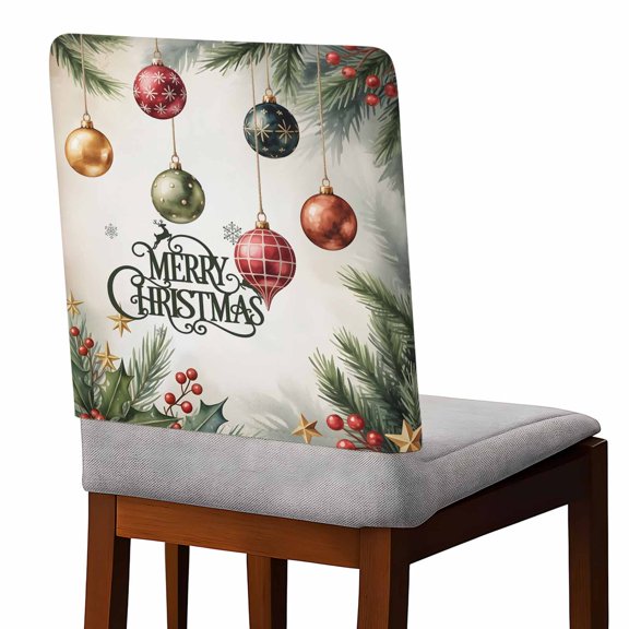 Merry Christmas Chair Covers Set of 1 Vintage Xmas Shiny Balls Holly Berry Star Beige Background Chair Back Covers Stretch Removable Washable Slipcovers Protector for Dining Room Kitchen Party Decor