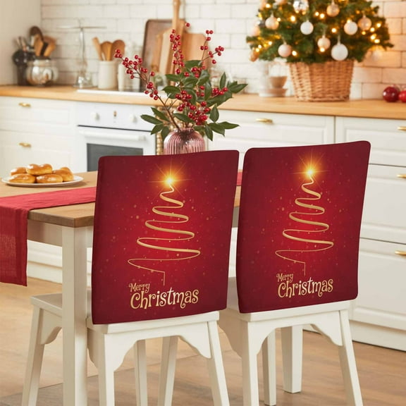 Merry Christmas Chair Covers Set of 1 Xmas Tree Abstract Gold Shinny Red Bottom Chair Back Covers Stretch Removable Washable Slipcovers Protector for Dining Room Kitchen Party Decor