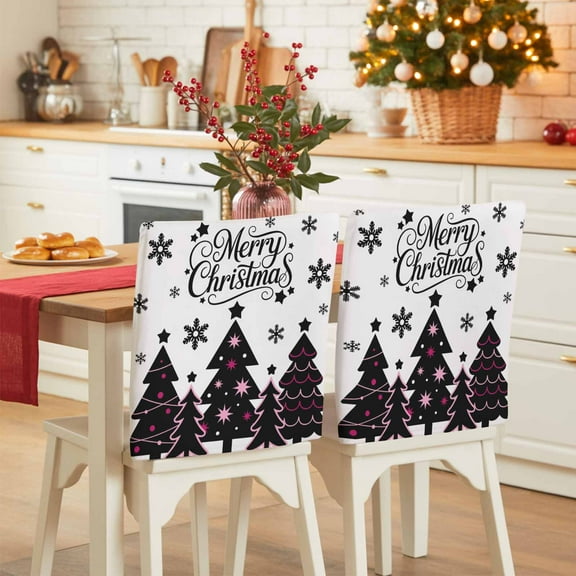 Merry Christmas Chair Covers Set of 4 Black Christmas Tree Snowflakes Chair Back Covers Stretch Removable Washable Slipcovers Protector for Dining Room Kitchen Party Decor