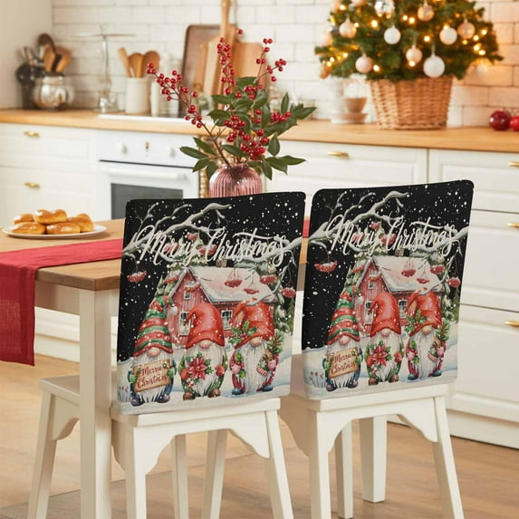 Merry Christmas Chair Covers Set of 6 Berry Gnome Fruit Chalet Snowflake Black Retro Chair Back Covers Stretch Removable Washable Slipcovers Protector for Dining Room Kitchen Party Decor