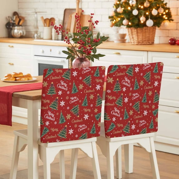 Merry Christmas Chair Covers Set of 6 Christmas Trees Xmas Winter Snowflakes Stars Red Chair Back Covers Stretch Removable Washable Slipcovers Protector for Dining Room Kitchen Party Decor