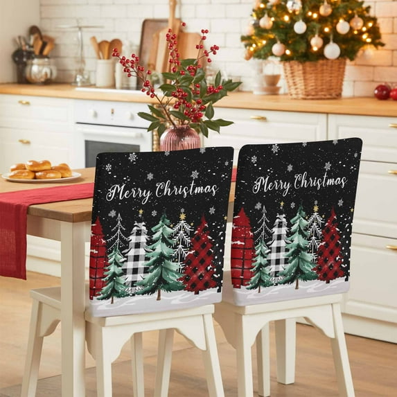 Merry Christmas Chair Covers Set of 6 Plaid Christmas Tree Winter Snowflakes Black Chair Back Covers Stretch Removable Washable Slipcovers Protector for Dining Room Kitchen Party Decor