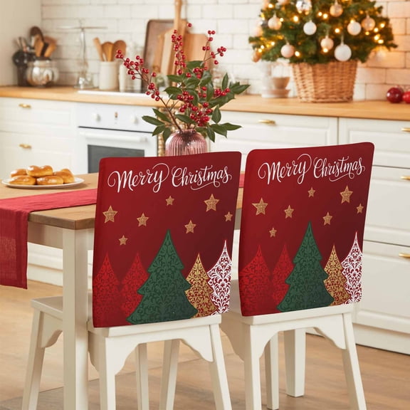 Merry Christmas Chair Covers Set of 6 Red Green Gold Trees Stars Red Bottom Chair Back Covers Stretch Removable Washable Slipcovers Protector for Dining Room Kitchen Party Decor