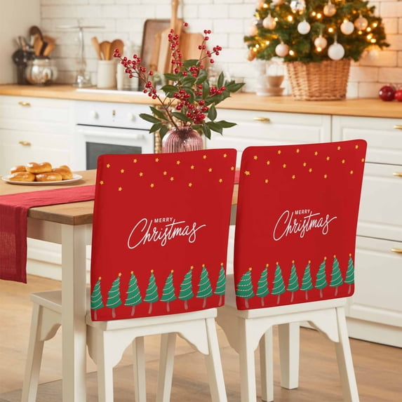 Merry Christmas Chair Covers Set of 8 Green Tree Star Red Background Chair Back Covers Stretch Removable Washable Slipcovers Protector for Dining Room Kitchen Party Decor