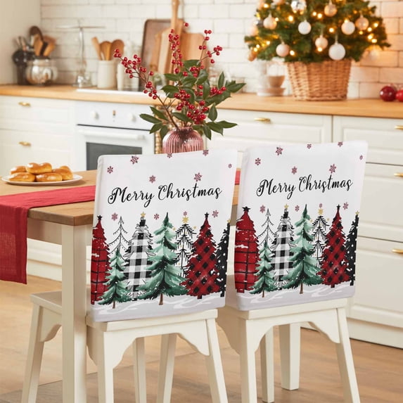 Merry Christmas Chair Covers Set of 8 Red Black Plaid Christmas Green Tree Snowflakes Chair Back Covers Stretch Removable Washable Slipcovers Protector for Dining Room Kitchen Party Decor
