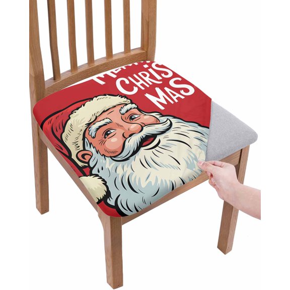 Merry Christmas Chair Seat Covers for Dining Room Stretch Chair Seat Covers Set of 1, Jolly Santa Claus Vintage Red Chair Seat Protector Cushion Slipcovers for Kitchen Restaurant Office