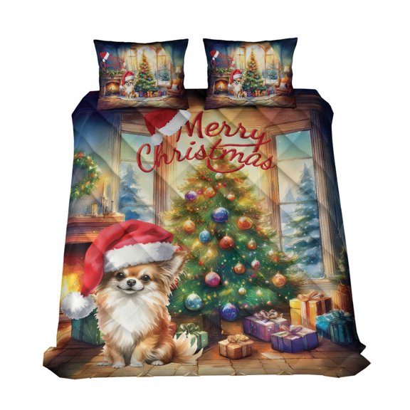Merry Christmas Chihuahua Santa Hat Xmas Tree Winter Holiday Quilt Bedding Set Dog Lover Gifts Idea 1 Blanket Bed Cover 2 Pillowcases - 01013