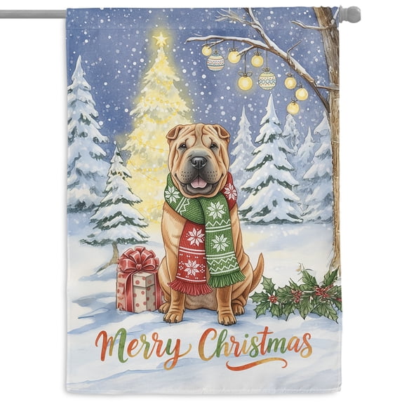 Merry Christmas Chinese Shar-Pei Snowy Winter with Gifts Tree Decorations House Flag 28x40in Double Sided Dog Lover Outdoor Decor - 12020