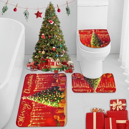 Merry Christmas Christmas Tree Bathroom Rug Set of 3 Gifts Gold Ornaments Red 3 Pieces Bath Mats Set No Silp Washable Cover Floor Rug Decorations for Kitchen Bathroom Bedroom