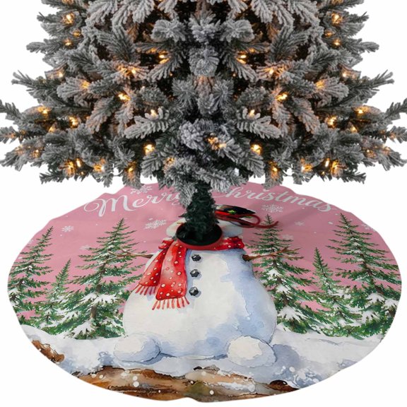 Merry Christmas Christmas Tree Skirt 36 Inch, Winter Red Scarf Snowman Xmas Tree Snowflakes Pink Xmas Tree Skirt, Christmas Tree Mat Ornaments for Home New Year Party and Holiday Decor Supplies